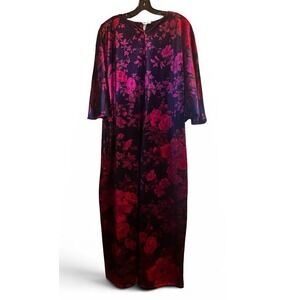 Vintage Velour Floral Robe Magenta Purple 80s House Coat Dress 3/4 Zip Front